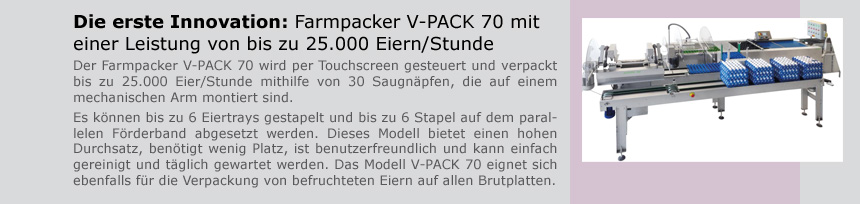 Die erste Innovation: Farmpacker V-PACK 70 mit einer Leistung von bis zu 25.000 Eiern/Stunde