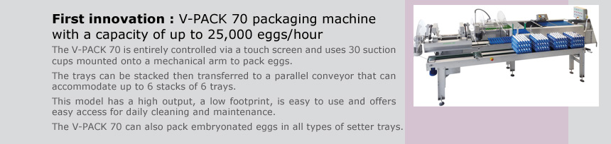 First innovation : V-PACK 70 packaging machine with a capacity of up to 25,000 eggs/hour.
